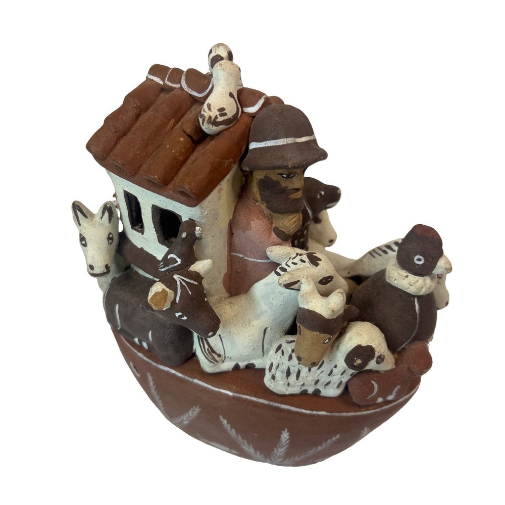 Vintage Terracotta Pottery Of Noah's Ark Read Small Chip On Cow Ear